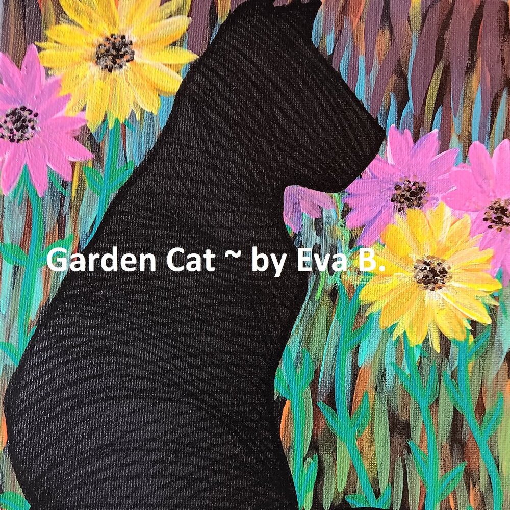 Painting Of Black Cat Sitting In A Flower Garden With Pink & Yellow Flowers NWT